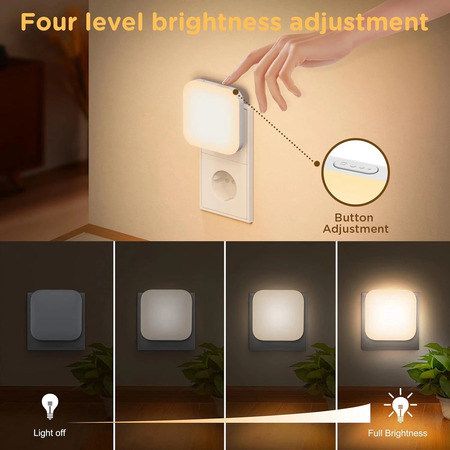 Dimmable Night Light With Auto On/Off Sensor Plug In Warm Light Energy Saving Slim Design Bedrooms, Bathroom, Stairs, Hallways