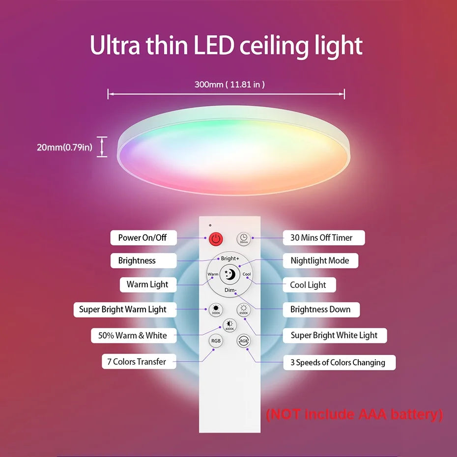 24W RGB Modern WiFi Smart Ceiling Lamp Ultrathin Surface Mounting Dimmable with APP+Remote Voice Control for Home Lighting