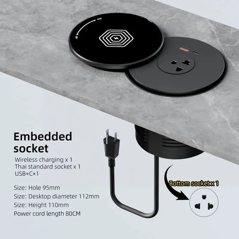 Desktop Embedded Universal Socket EU/US/UK with USB Type-C Charging Pop-Up Countertop Power Outlet (80cm Cord)