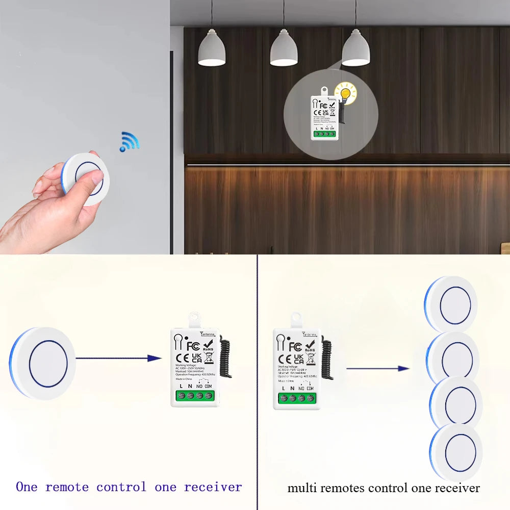 Dry Contact RF433MHz Wireless Remote Control Light Switch AC110V 220V 10A Mini Relay Module for Garage door home light LED Lamp