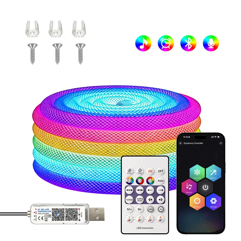 DC5V USB 360 Degree Round Reticulate RGBIC LED Neon Strip 67LEDs/m 1m-2m-3m-4m-5m IP67 Waterproof APP Control Music Sync