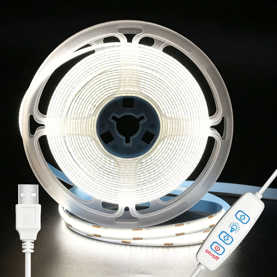 USB 5V COB LED Tape 320LEDs/m with 3Key Dimmer ON/OFF 1-5m 8mm High Density Flexible Ribbon for Room Kitchen Shelf Decor