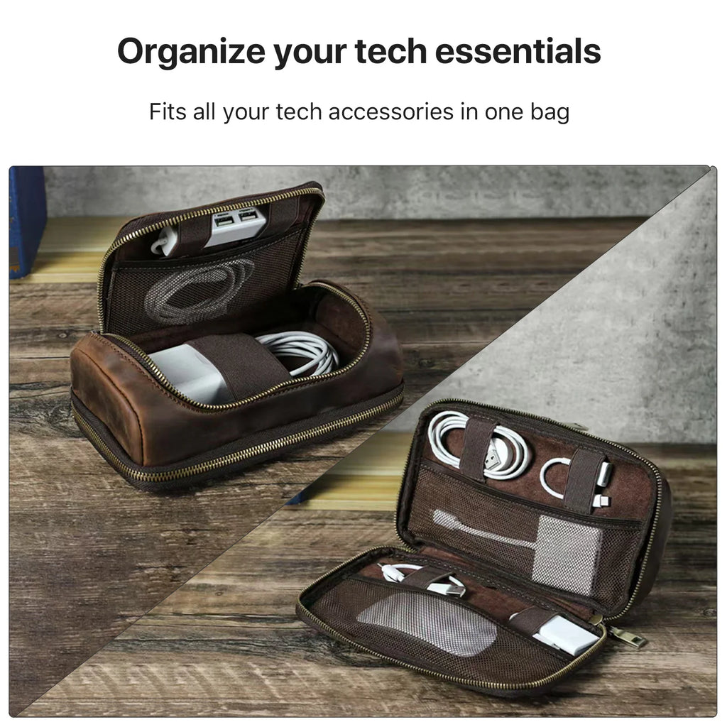 Cowhide Leather Men Clutch Bag Handbag for Earphone USB Data Cable Mouse Storage Travel Electronic Accessories Organizer