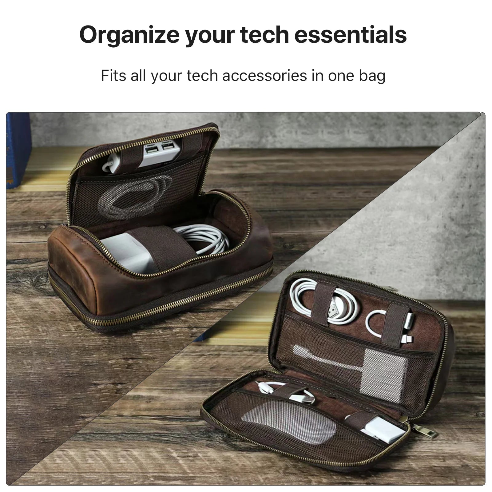 Cowhide Leather Men Clutch Bag Handbag for Earphone USB Data Cable Mouse Storage Travel Electronic Accessories Organizer