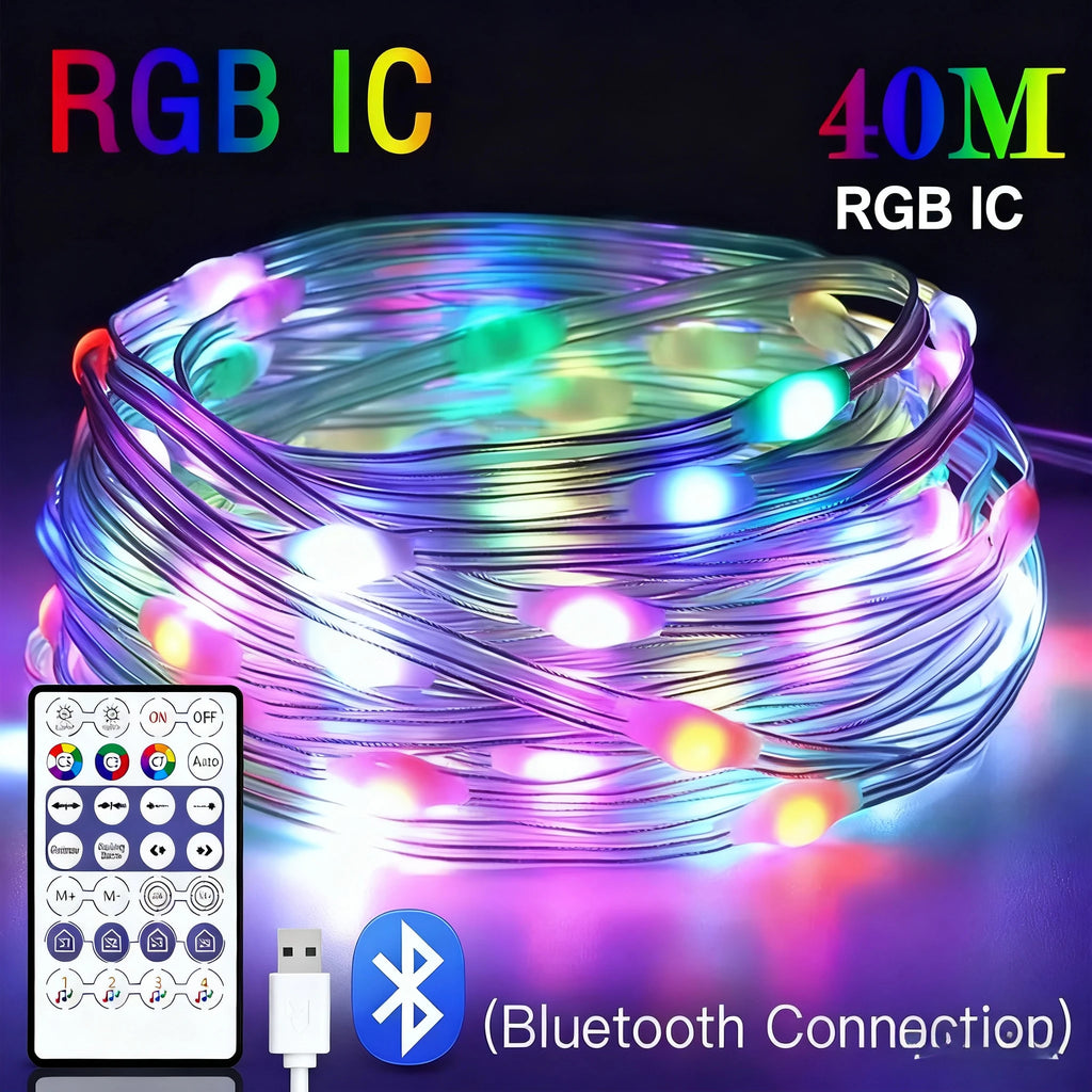 40M Led String RGB Light Smart Outdoor Festoon Party Leather Line IP65 Bluetooth Music Lamp String Fairy Lights Holiday Lighting