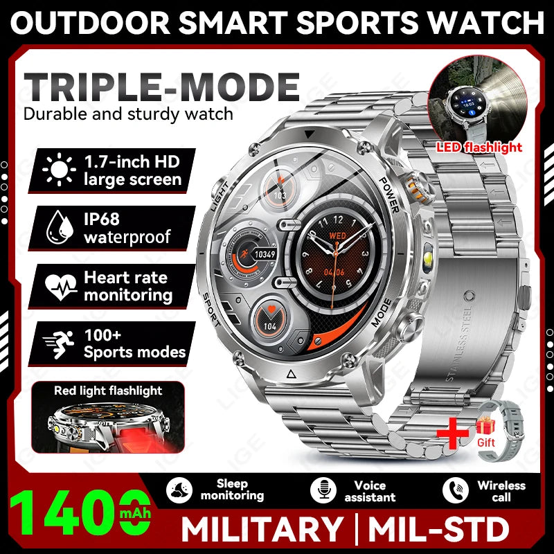 LIGE 2026 Military Smartwatch: IP68 waterproof with a massive 1400mAh battery.