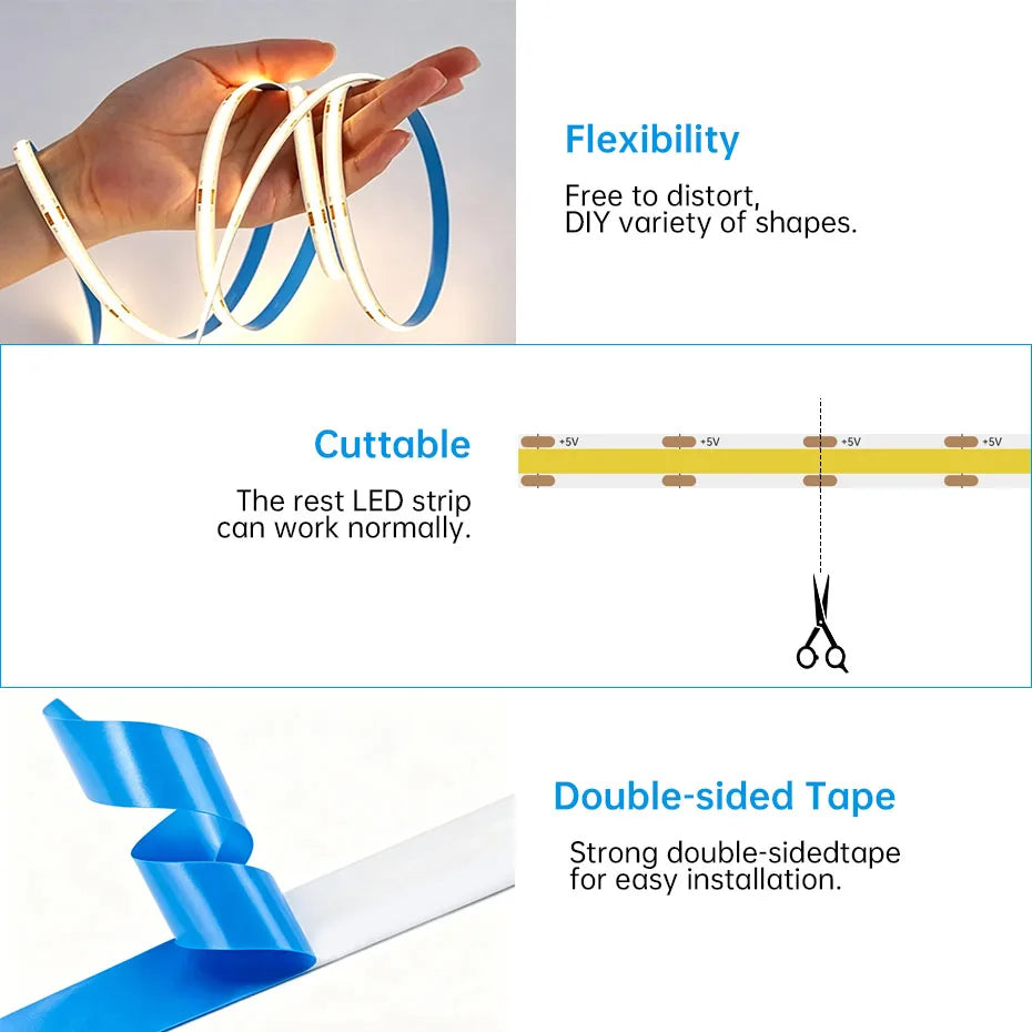 USB 5V COB LED Tape 320LEDs/m with 3Key Dimmer ON/OFF 1-5m 8mm High Density Flexible Ribbon for Room Kitchen Shelf Decor