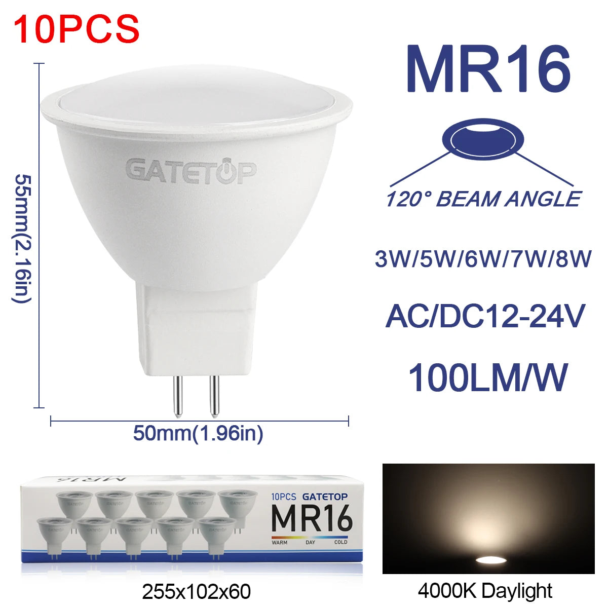 10-Pack GU5.3 LED MR16 Bulbs 3W–8W AC/DC 12V–24V Halogen Replacement Spotlights