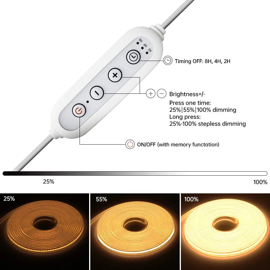 220V COB LED Strip Light 288LEDs/m IP65 Waterproof 1m-25m Flexible Tape with EU/AU/UK Plug & Timing Dimmer CW/NW/WW for Room