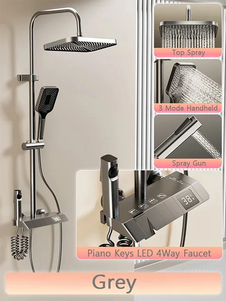 2025 Luxury LED Bathroom Shower Set with Piano Keys & Rain Shower (Brass, LED Display)