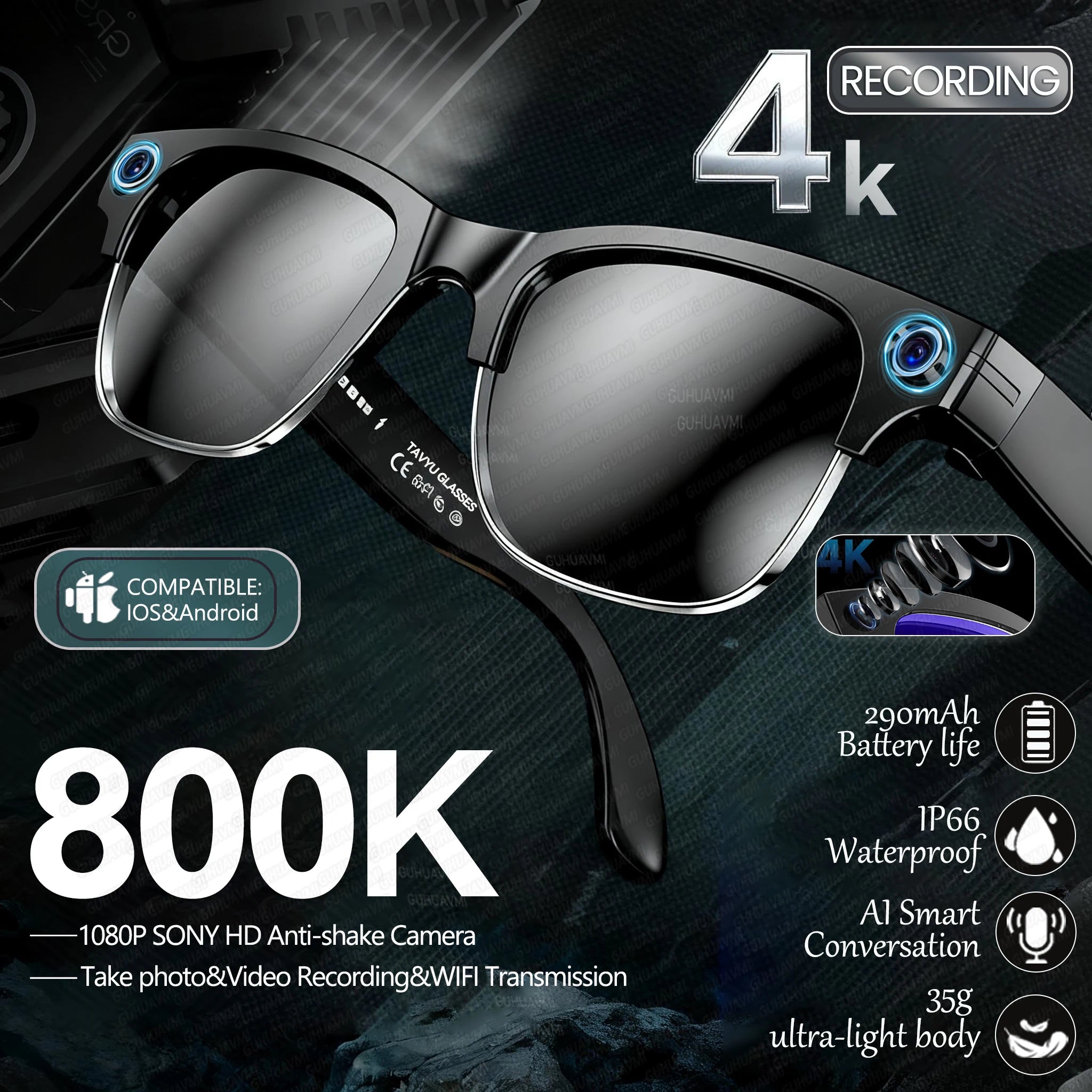 2026 New 4K HD 800W Pixel Dual-Camera Smart Glasses Men 1080P Video Recording AI Chat WIFI Transmission Translation Call Glasses