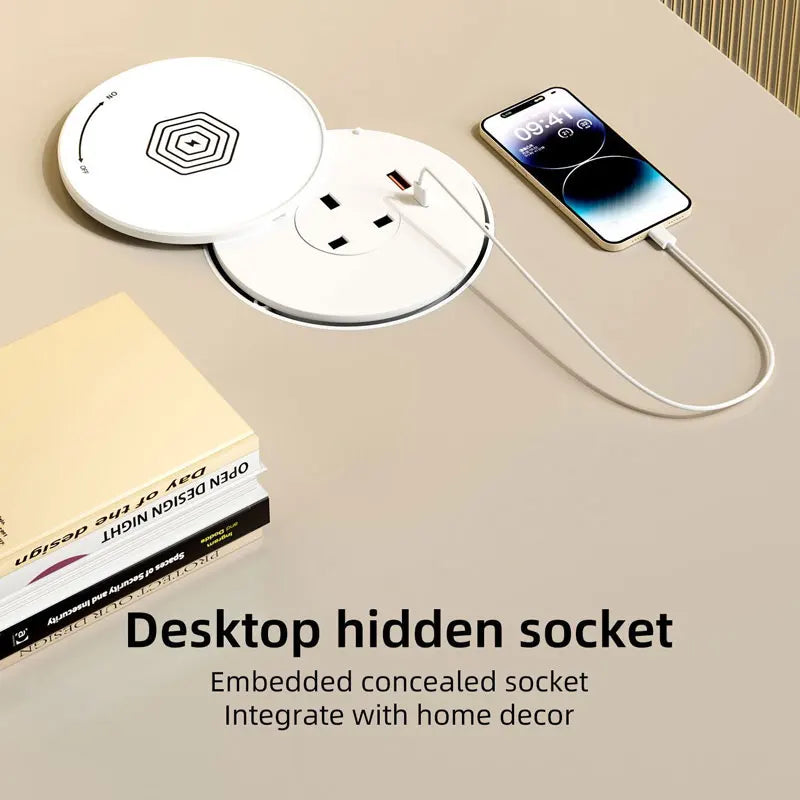 Desktop Embedded Universal Socket EU/US/UK with USB Type-C Charging Pop-Up Countertop Power Outlet (80cm Cord)