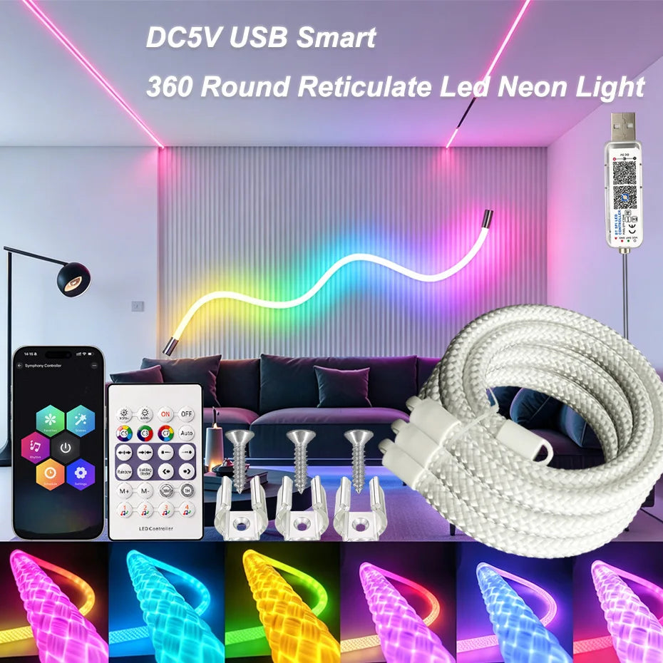 DC5V USB 360 Degree Round Reticulate RGBIC LED Neon Strip 67LEDs/m 1m-2m-3m-4m-5m IP67 Waterproof APP Control Music Sync