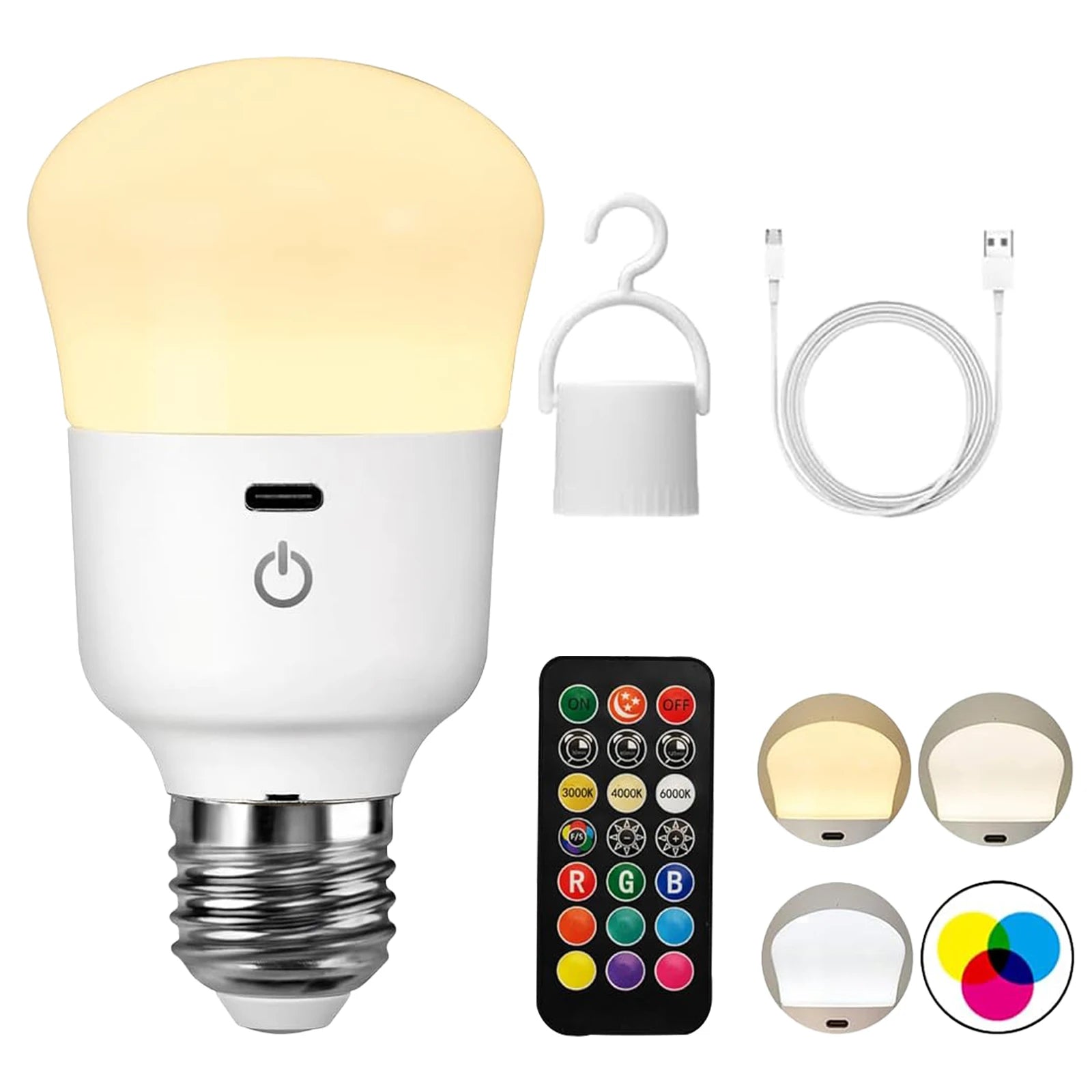 Usb rechargeable Light Bulb with Remote Control Dim & RGB, Timer,Backup Emergency Light for Home or Outdoor