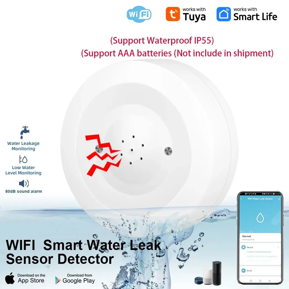 ONENUO WiFi Tuya Water Leak Sensor Flood Leakage Detector with Sound Alarm 80dB and IP55 WaterProof Water Sensor Remote Monitor