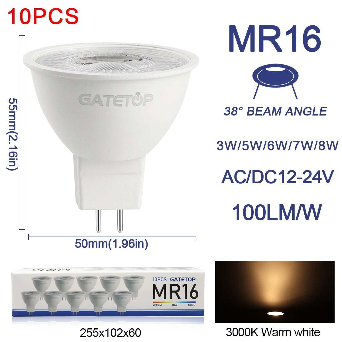 10-Pack GU5.3 LED MR16 Bulbs 3W–8W AC/DC 12V–24V Halogen Replacement Spotlights