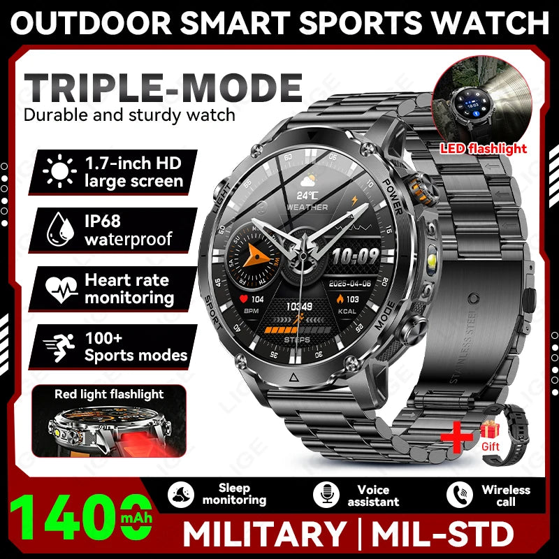 LIGE 2026 Military Smartwatch: IP68 waterproof with a massive 1400mAh battery.