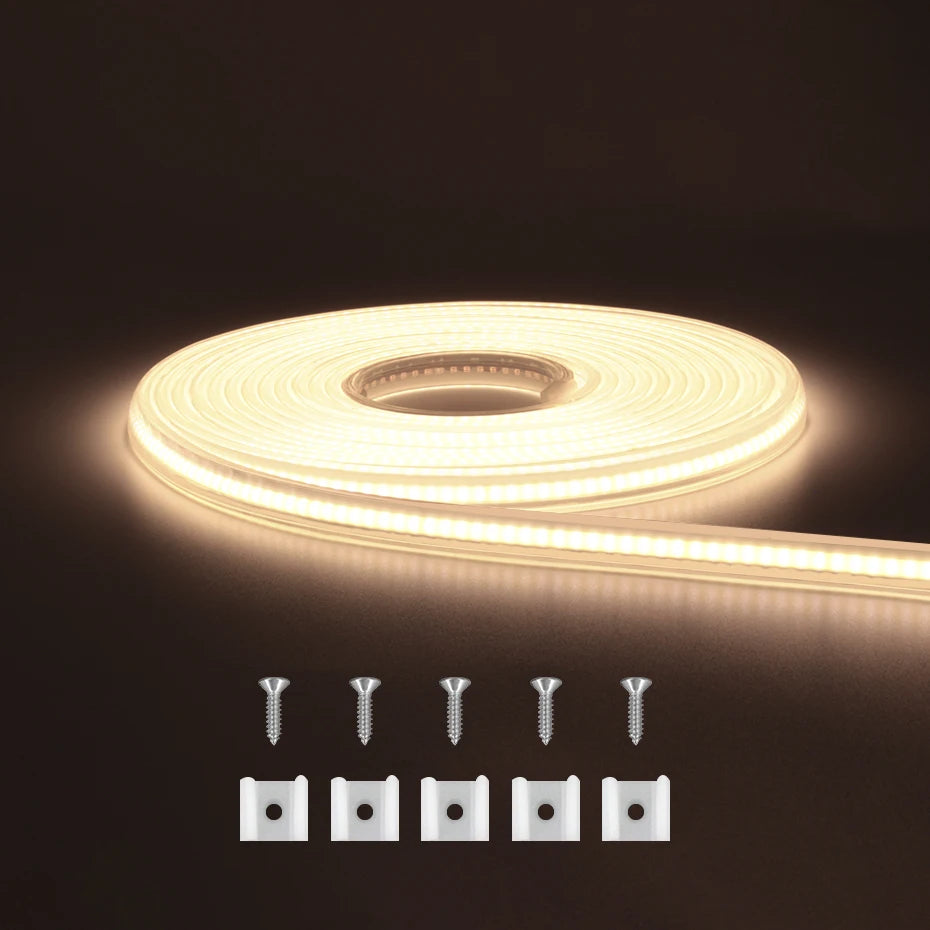 220V COB LED Strip Light 288LEDs/m IP65 Waterproof Flexible Tape with Plug & Dimmer (CW/NW/WW)