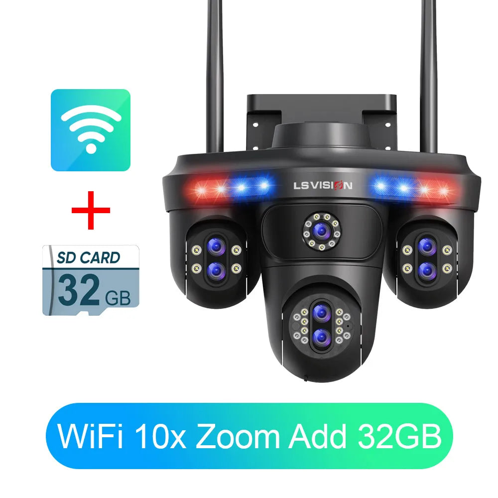 LS VISION 35MP 4 Screens WiFi IP Camera 10X Zoom  Wireless Outdoor 7 Lens PTZ 2 Way Audio Auto Tracking Surveillance Cameras