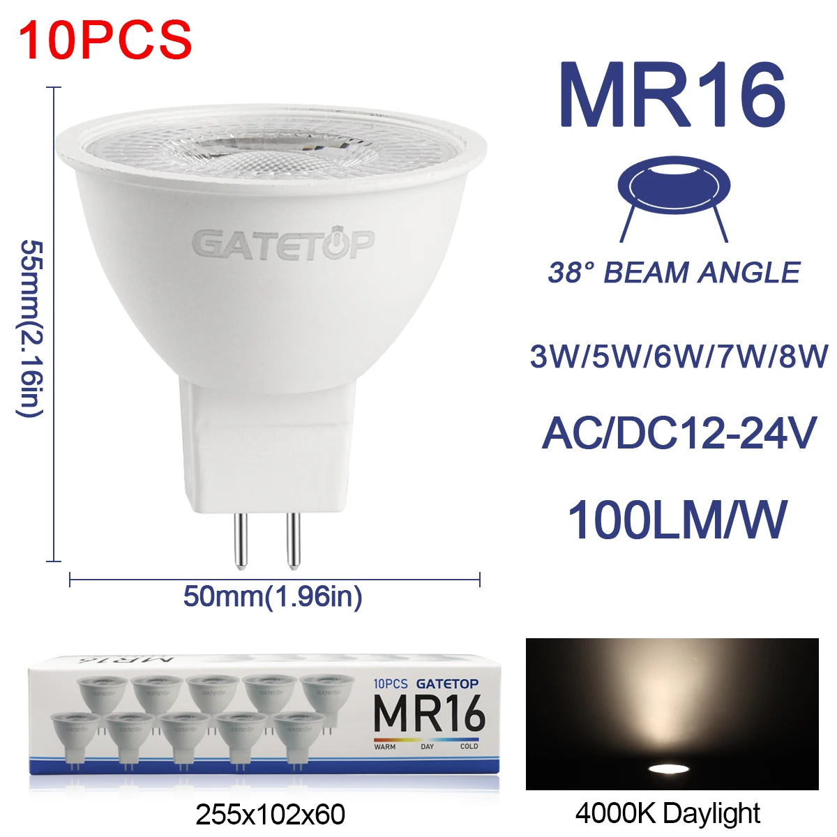 10-Pack GU5.3 LED MR16 Bulbs 3W–8W AC/DC 12V–24V Halogen Replacement Spotlights