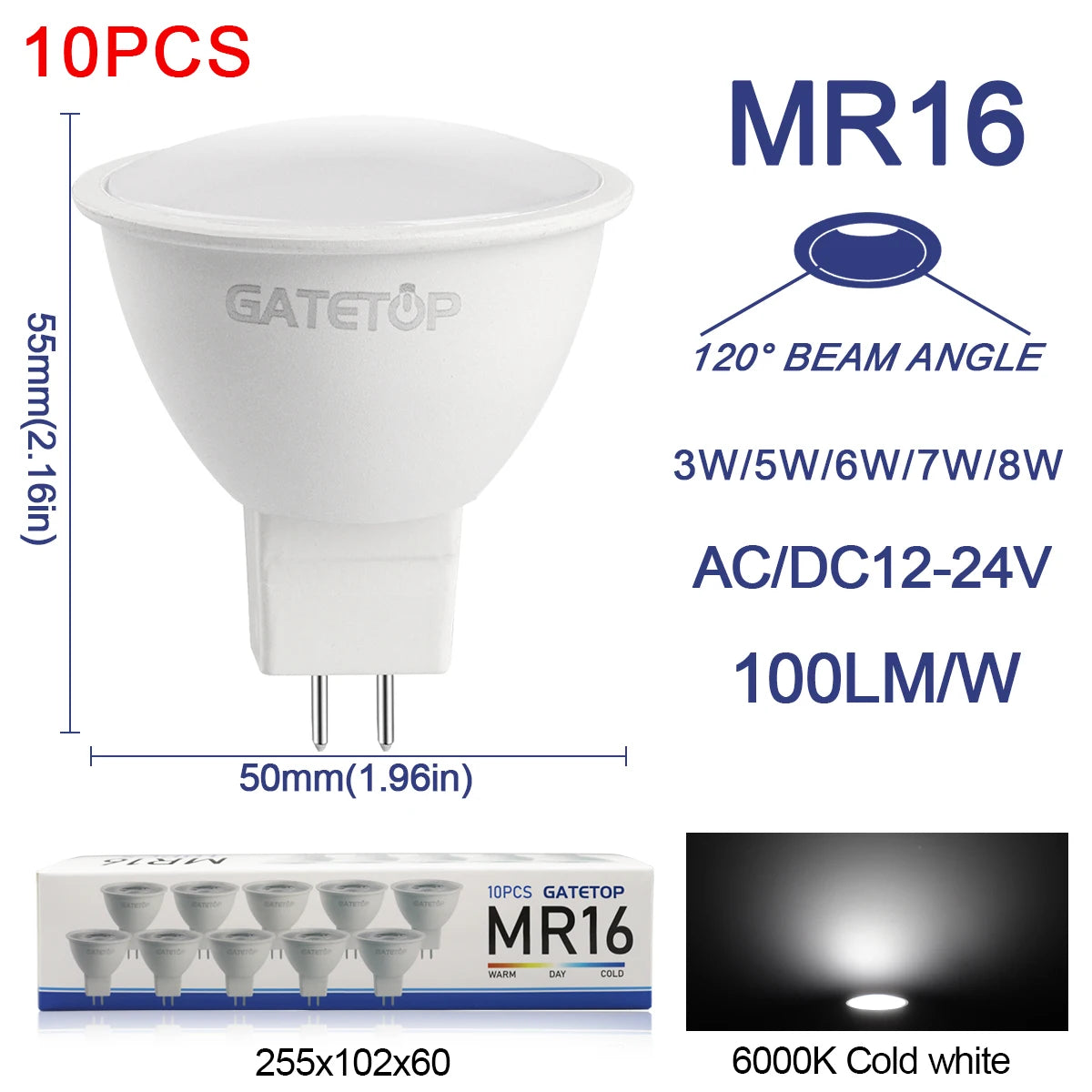 10-Pack GU5.3 LED MR16 Bulbs 3W–8W AC/DC 12V–24V Halogen Replacement Spotlights