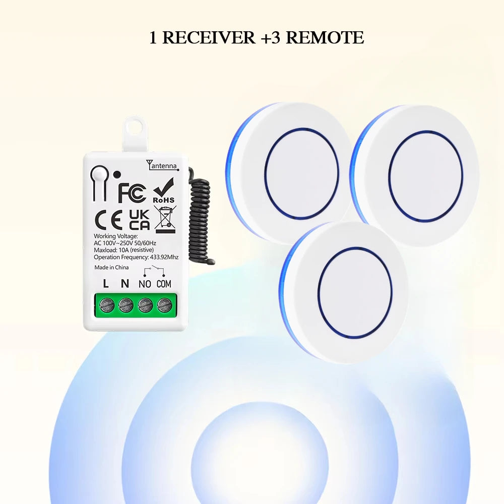 RF433MHz Wireless Relay Switch 110V/220V 10A – Mini Remote Control Module for Garage Door & Lights