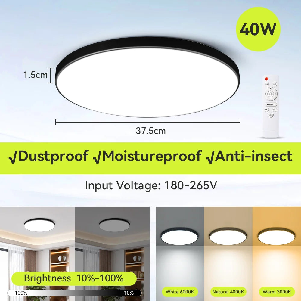 Smart LED Ceiling Light with Remote – Adjustable Color Temperature 30W/40W Bedroom Lamp
