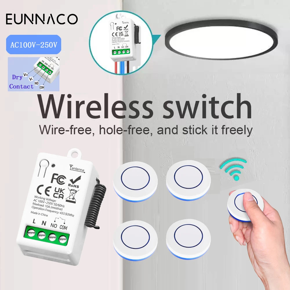Dry Contact RF433MHz Wireless Remote Control Light Switch AC110V 220V 10A Mini Relay Module for Garage door home light LED Lamp