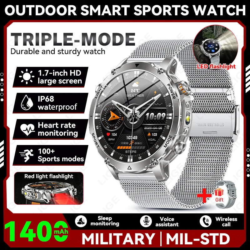 LIGE 2026 Military Smartwatch: IP68 waterproof with a massive 1400mAh battery.