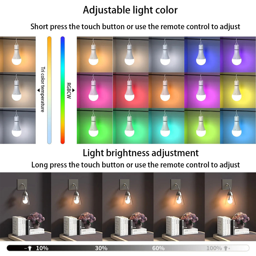 Rechargeable Battery Operated A19 Light Bulb with Remote Control Dimmable, 15 Colors Selectable & 3 Timer, Non-Hardwired