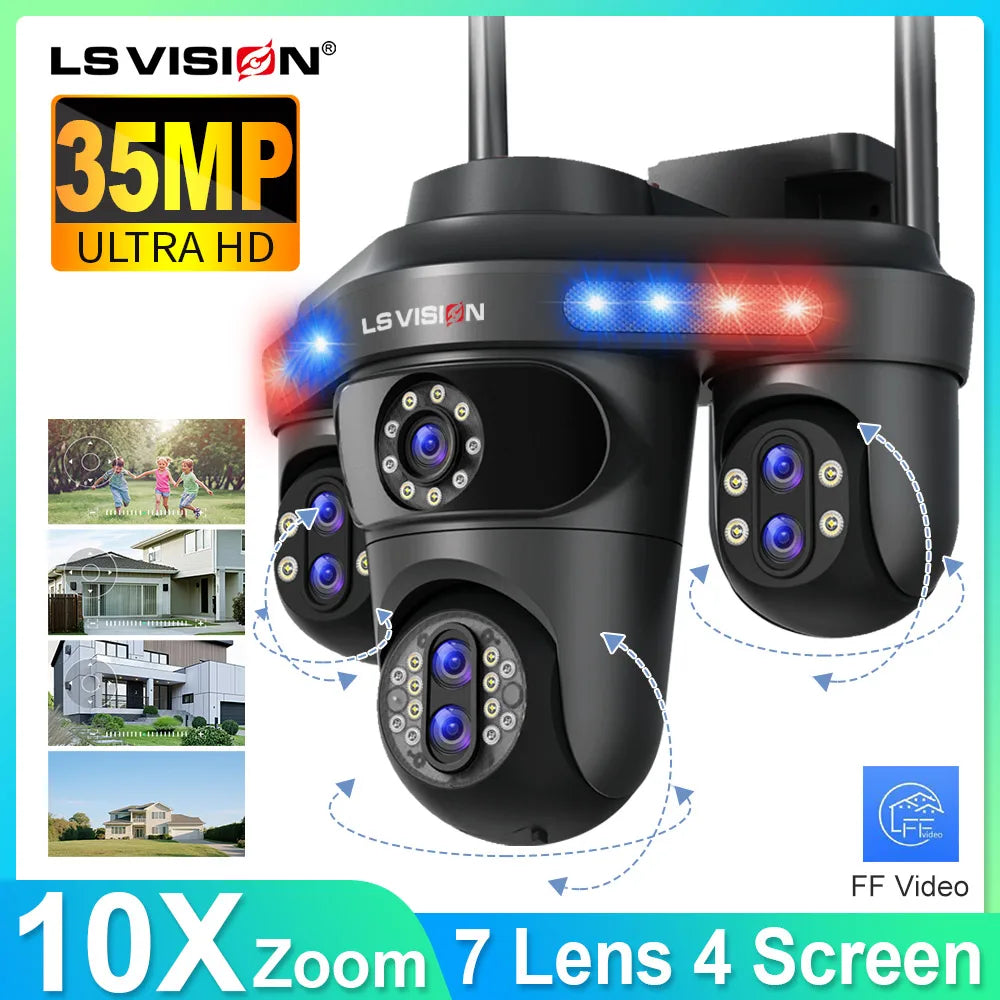 LS VISION 35MP 4 Screens WiFi IP Camera 10X Zoom  Wireless Outdoor 7 Lens PTZ 2 Way Audio Auto Tracking Surveillance Cameras
