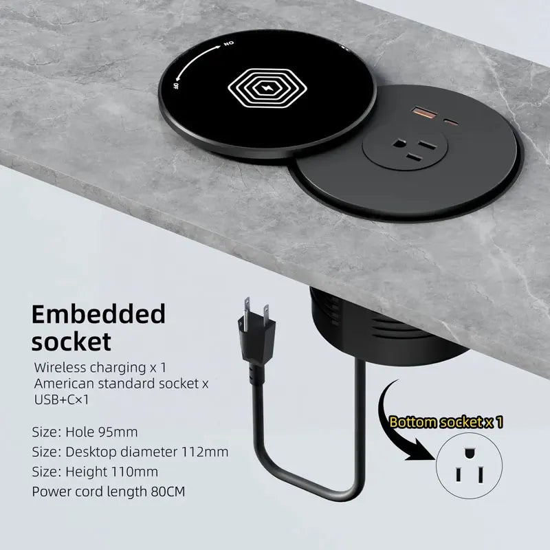 Desktop Embedded Universal Socket EU/US/UK with USB Type-C Charging Pop-Up Countertop Power Outlet (80cm Cord)