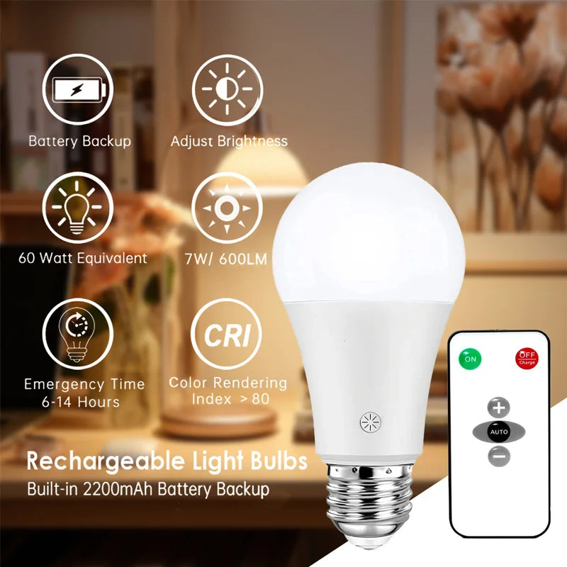 Rechargeable LED bulb, powered by E26 battery, with remote control and touch dimming, suitable for wall lights/outdoor/bedroom