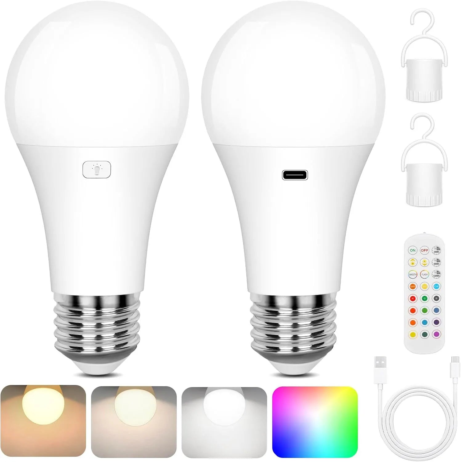 Rechargeable Battery Operated A19 Light Bulb with Remote Control Dimmable, 15 Colors Selectable & 3 Timer, Non-Hardwired