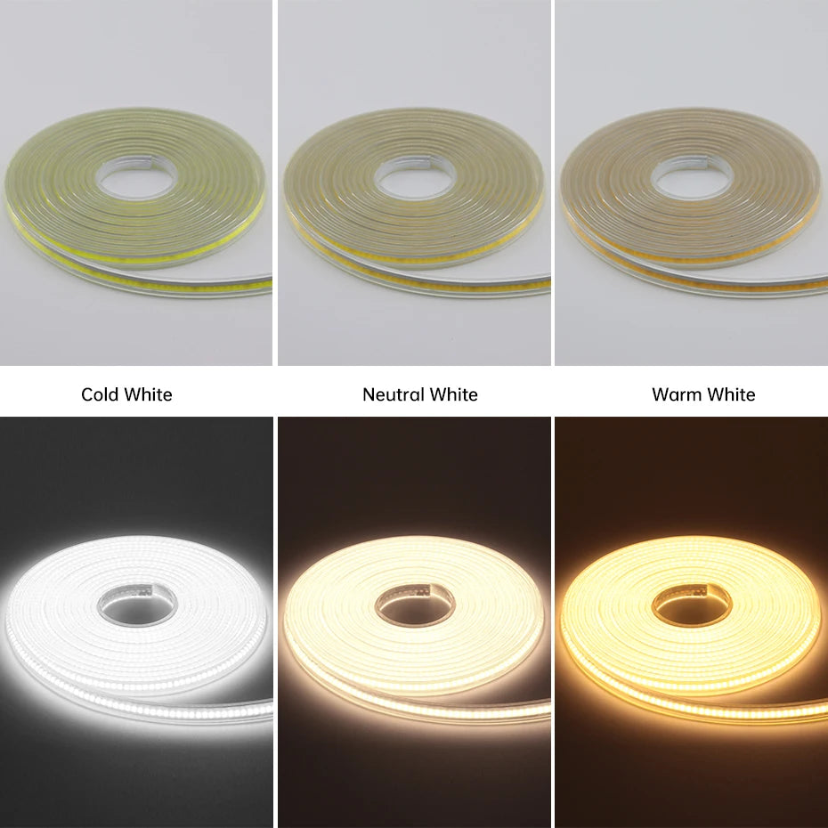 220V COB LED Strip Light 288LEDs/m Super Bright IP65 Waterproof with EU/AU ON/OFF Switch Plug for Hallways Stairs Windows