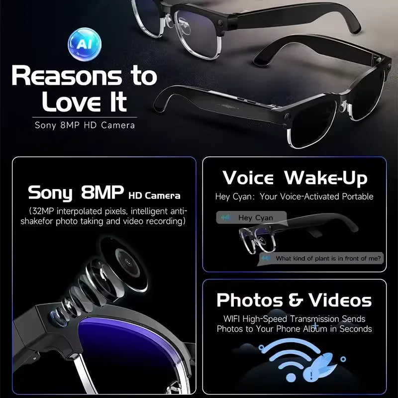 2026 New 4K HD 800W Pixel Dual-Camera Smart Glasses Men 1080P Video Recording AI Chat WIFI Transmission Translation Call Glasses