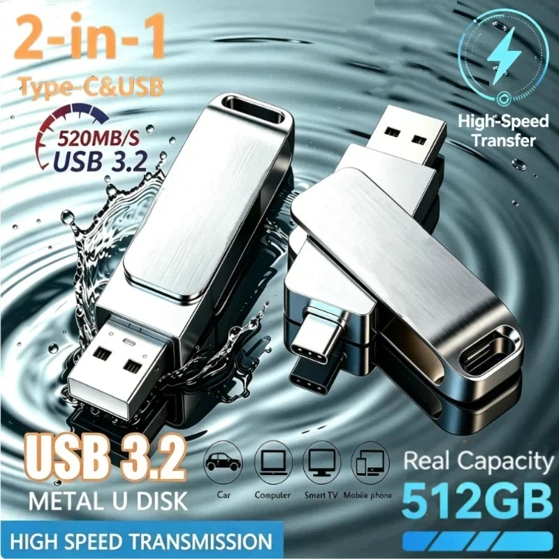 512GB USB 3.2 2 in 1 Flash Drive High Speed Metal Pendrive Waterproof Type C Memory Stick for Phone PC Laptop Data Transfer 2026