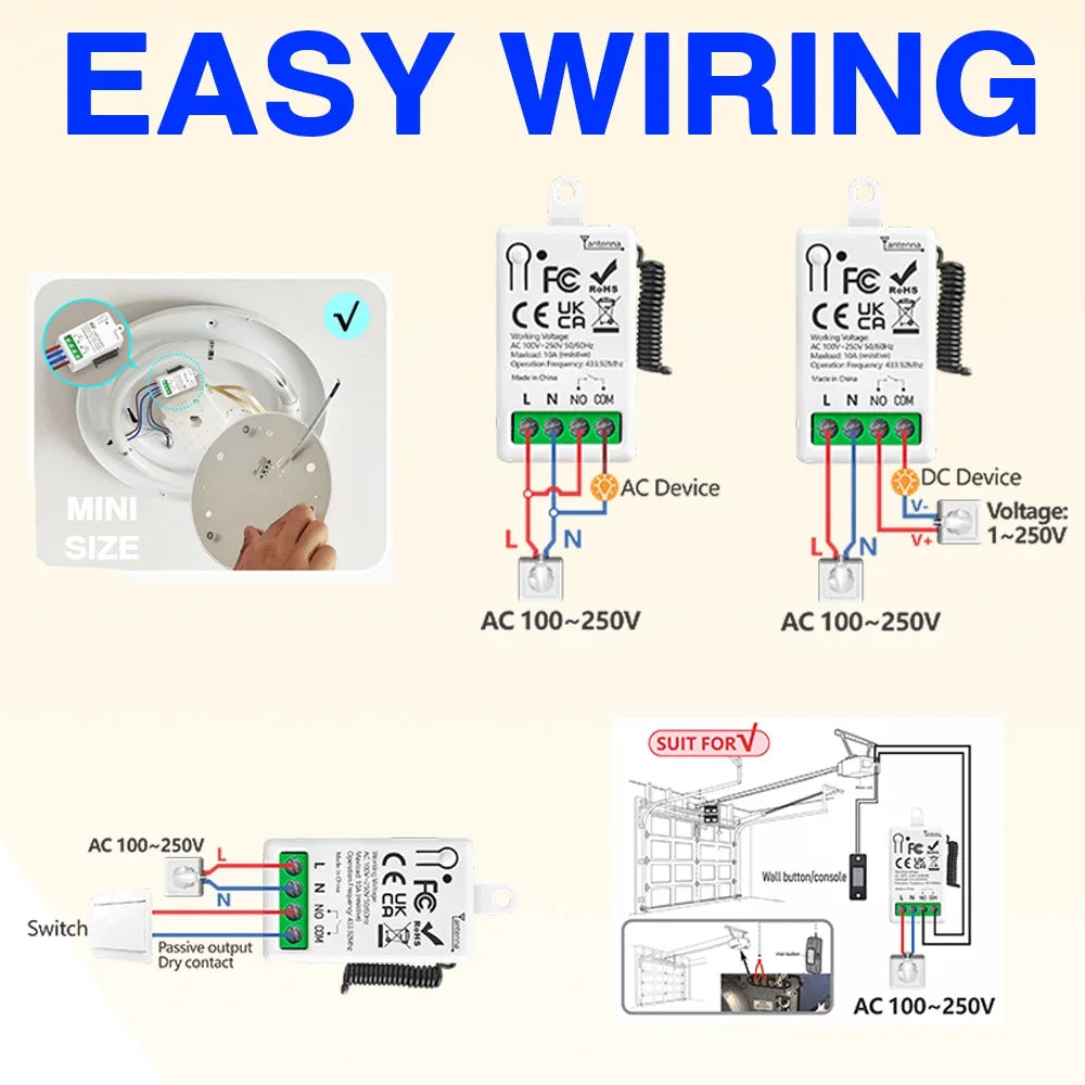 Dry Contact RF433MHz Wireless Remote Control Light Switch AC110V 220V 10A Mini Relay Module for Garage door home light LED Lamp