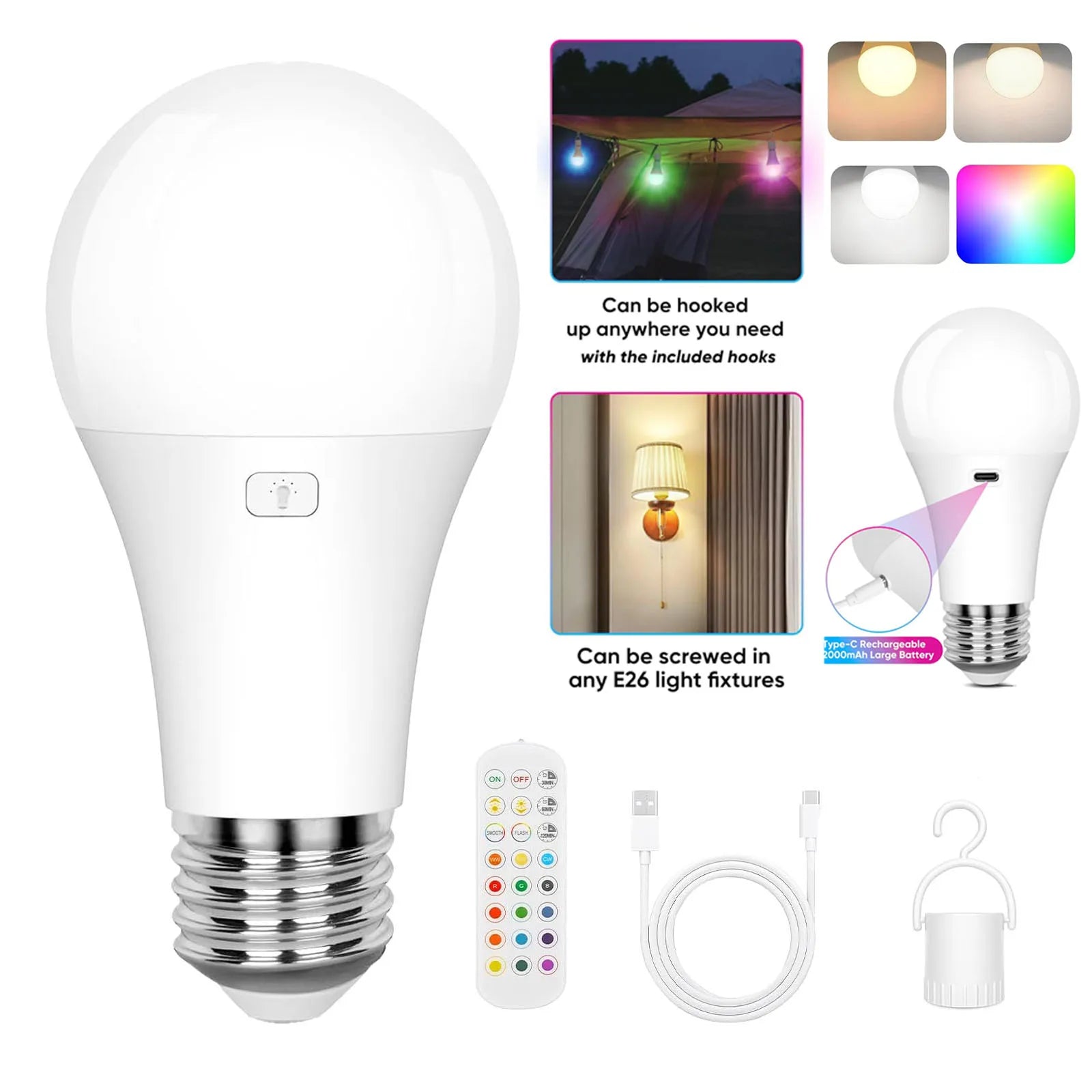 Rechargeable A19 LED Bulb with Remote – 15 Colors, Dimmable, Timer (Battery Operated, Non-Hardwired)