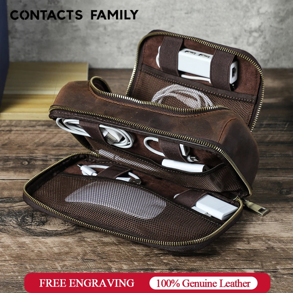 Cowhide Leather Men Clutch Bag Handbag for Earphone USB Data Cable Mouse Storage Travel Electronic Accessories Organizer