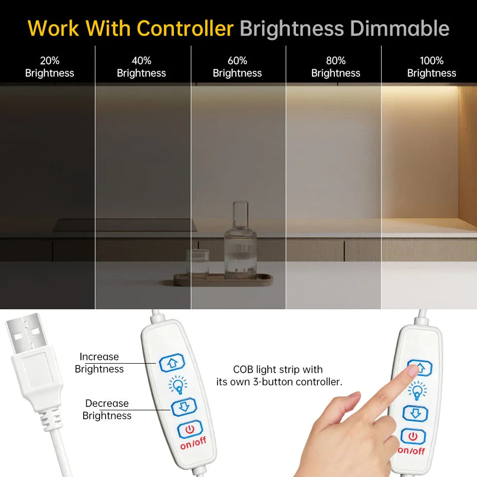 USB 5V COB LED Tape 320LEDs/m with 3Key Dimmer ON/OFF 1-5m 8mm High Density Flexible Ribbon for Room Kitchen Shelf Decor