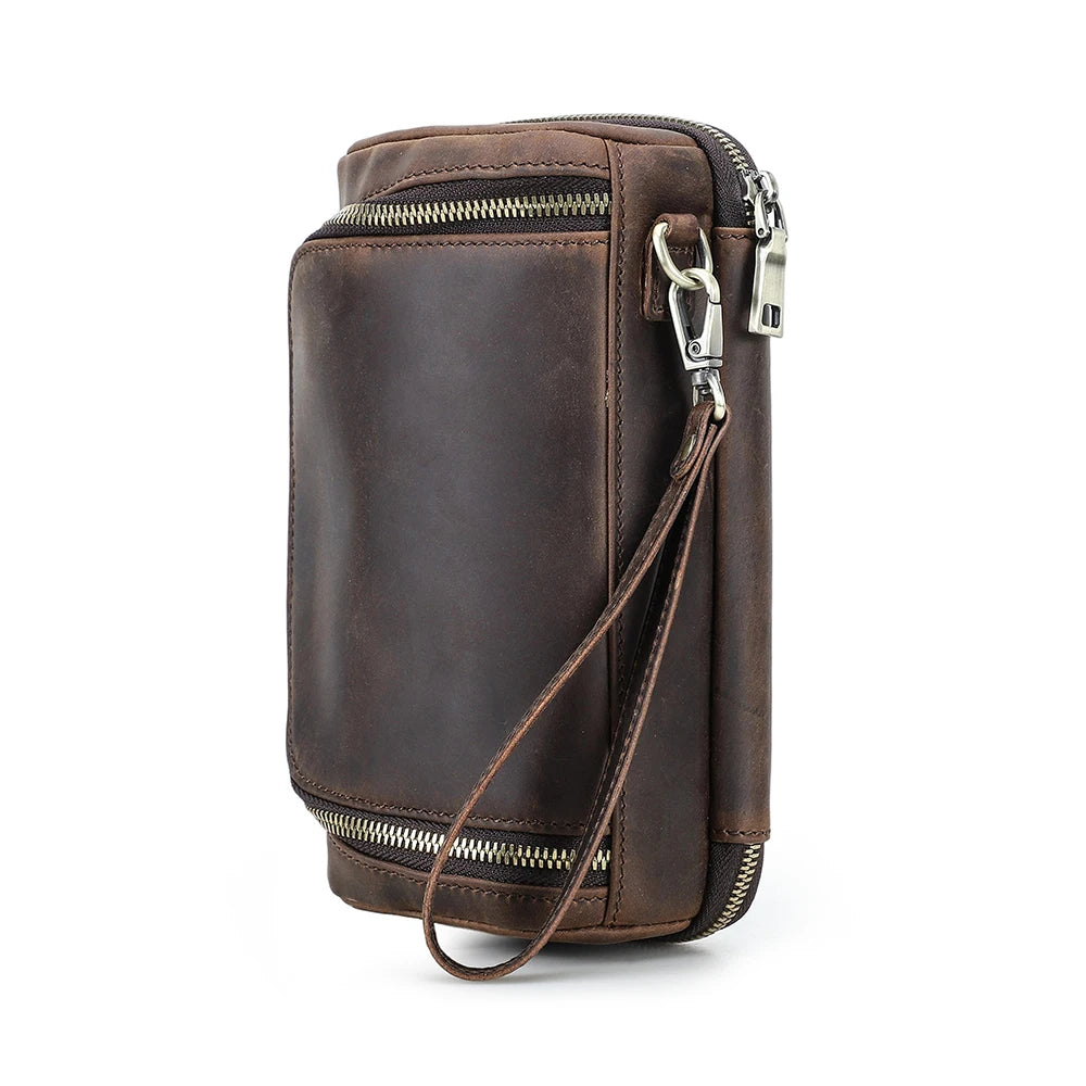 Cowhide Leather Men Clutch Bag Handbag for Earphone USB Data Cable Mouse Storage Travel Electronic Accessories Organizer