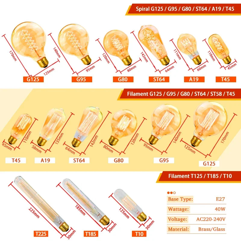 1–4PCS Vintage Edison Bulb E27 220V 40W ST64/G80/G95 Retro Filament Lamp