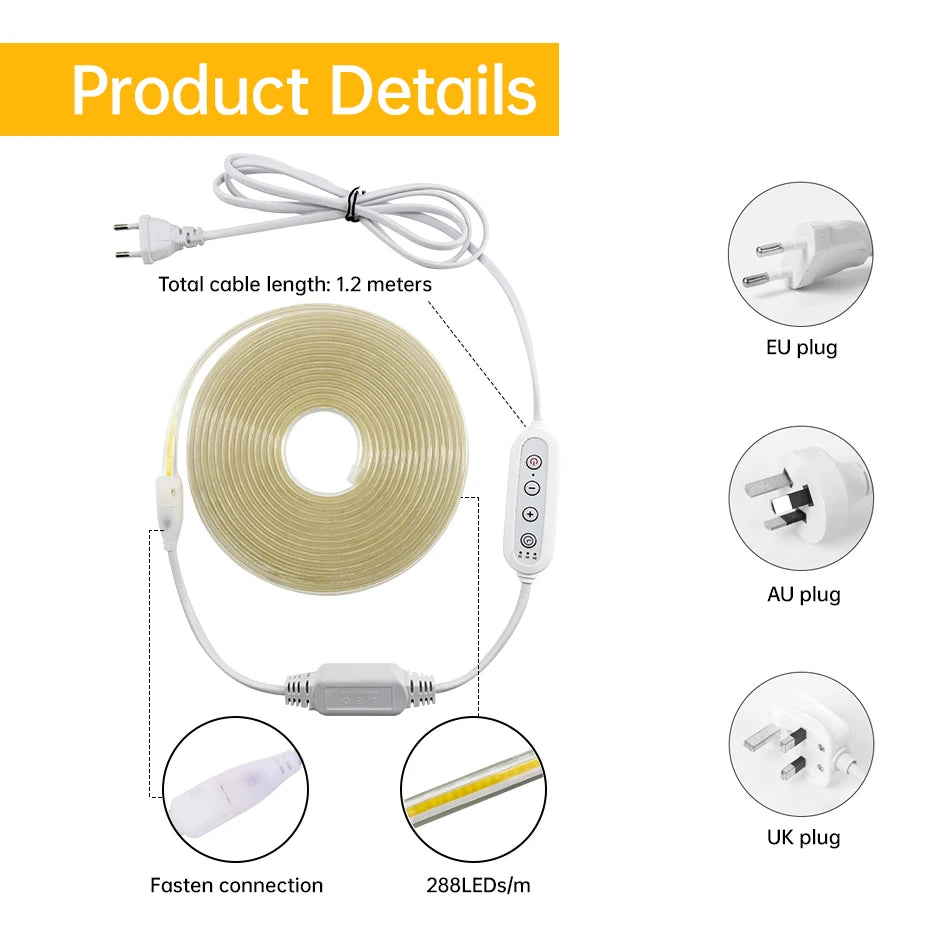 220V COB LED Strip Light 288LEDs/m IP65 Waterproof 1m-25m Flexible Tape with EU/AU/UK Plug & Timing Dimmer CW/NW/WW for Room