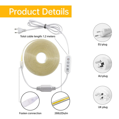 220V COB LED Strip Light 288LEDs/m IP65 Waterproof Flexible Tape with Plug & Dimmer (CW/NW/WW)