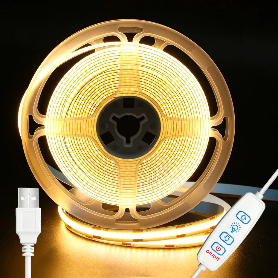 USB 5V COB LED Strip Light 320LEDs/m with Dimmer & ON/OFF Switch (1–5m, 8mm Flexible Tape)