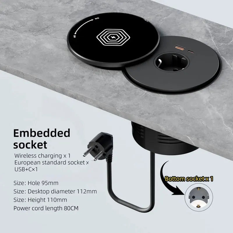 Desktop Embedded Universal Socket EU/US/UK with USB Type-C Charging Pop-Up Countertop Power Outlet (80cm Cord)