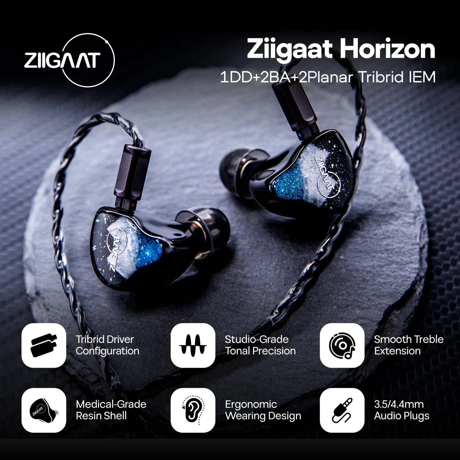 Linsoul ZiiGaat Horizon 1DD + 2BA + 2 Planar Tribrid IEM Earphones Natural Tonal Balance with  Custom Interchangeable Cable