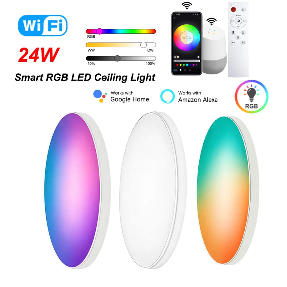24W RGB Modern WiFi Smart Ceiling Lamp Ultrathin Surface Mounting Dimmable with APP+Remote Voice Control for Home Lighting