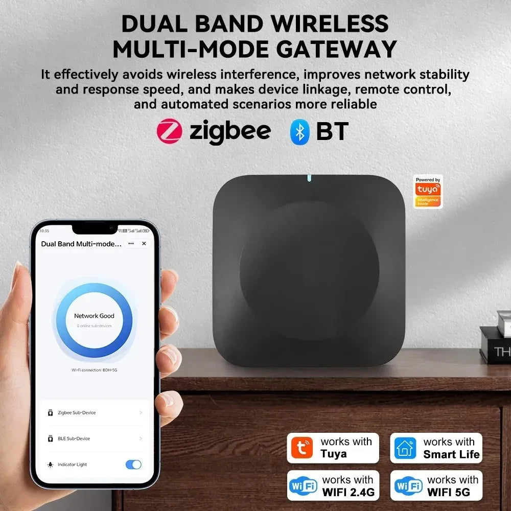 Tuya Zigbee Bluetooth Gateway, 2.4G/5G WiFi Hub, Local Automation, 40m Range, Works with Tuya Smart Life for Whole Home Control
